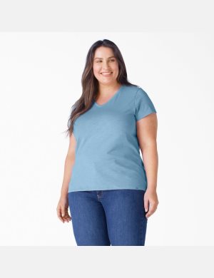 Hauts Dickies Plus Corta Sleeve V-Neck Bleu Camouflage | 897TZYXMN