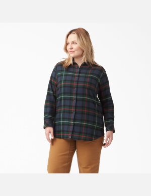 Hauts Dickies Plus Size Long Sleeve Plaid Flannel Bleu Marine | 789VZPHLC