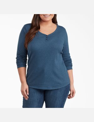Long Sleeve Dickies Plus Henley Shirt Bleu Foncé | 192DVKUZP
