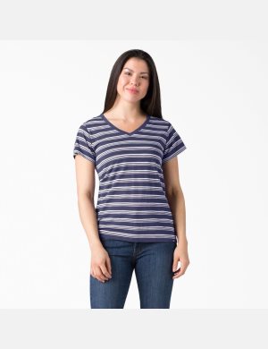 T Shirts Dickies Corta Sleeve V-Neck Bleu Multicolore Stripes | 908VTQHFW