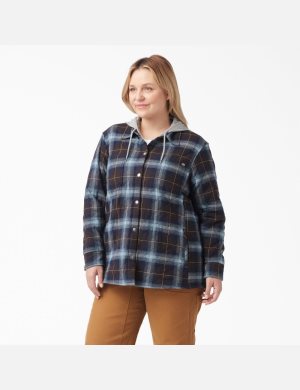 Vestes Chemises Dickies Plus Flannel Encapuchonné Bleu Marron | 692DFZCUK